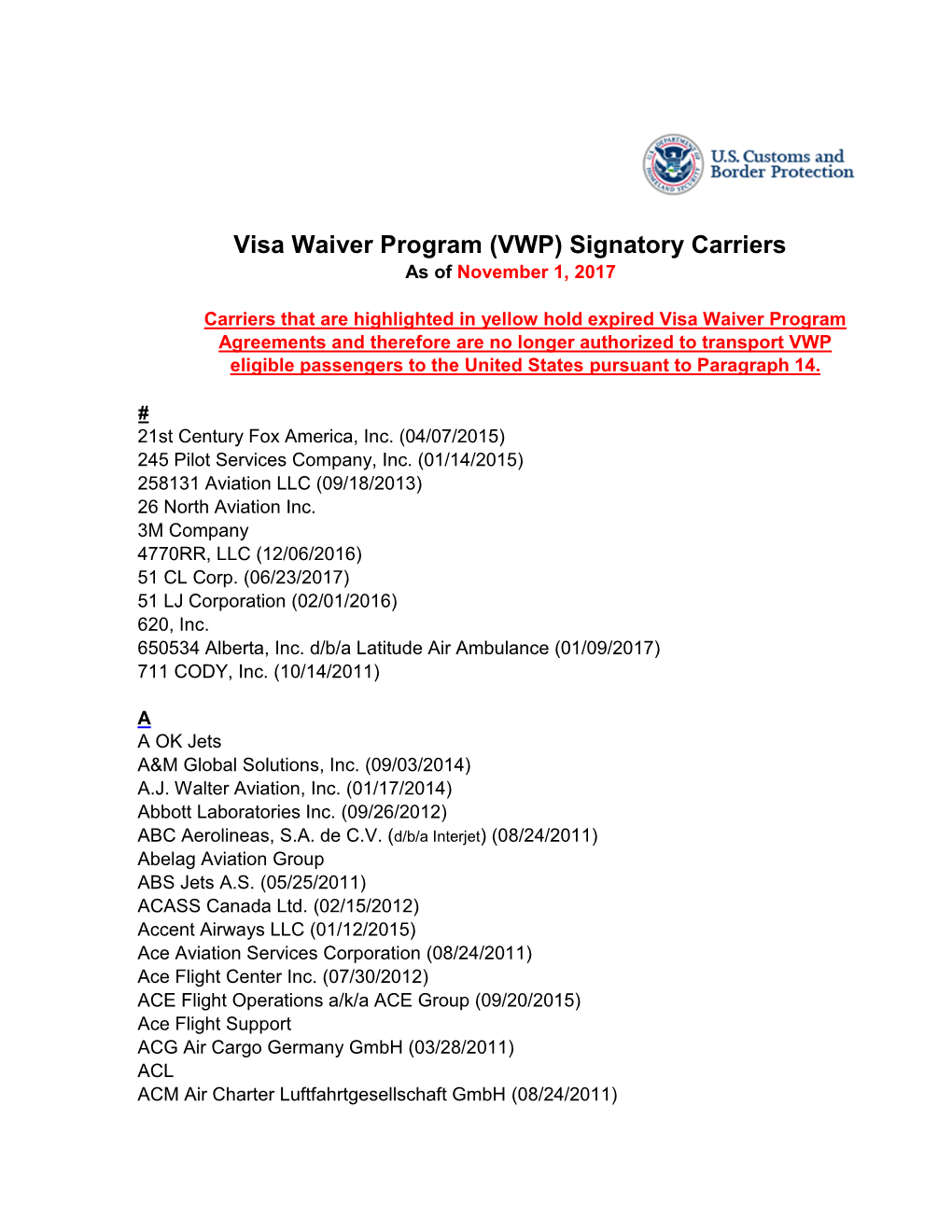 Signatory Visa Waiver Program (VWP) Carriers