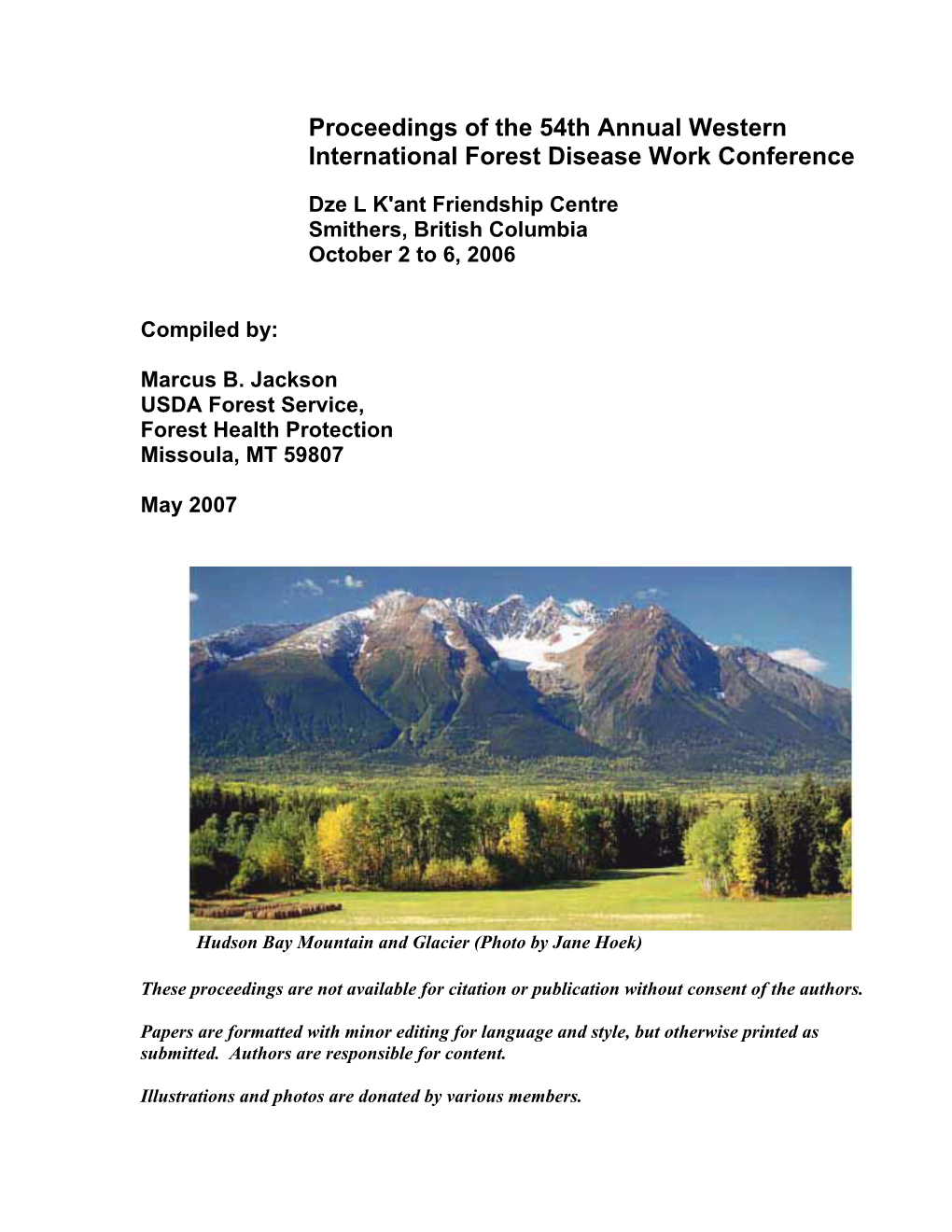 Proceedings of the 54Th Annual Western International Forest Disease Work Conference