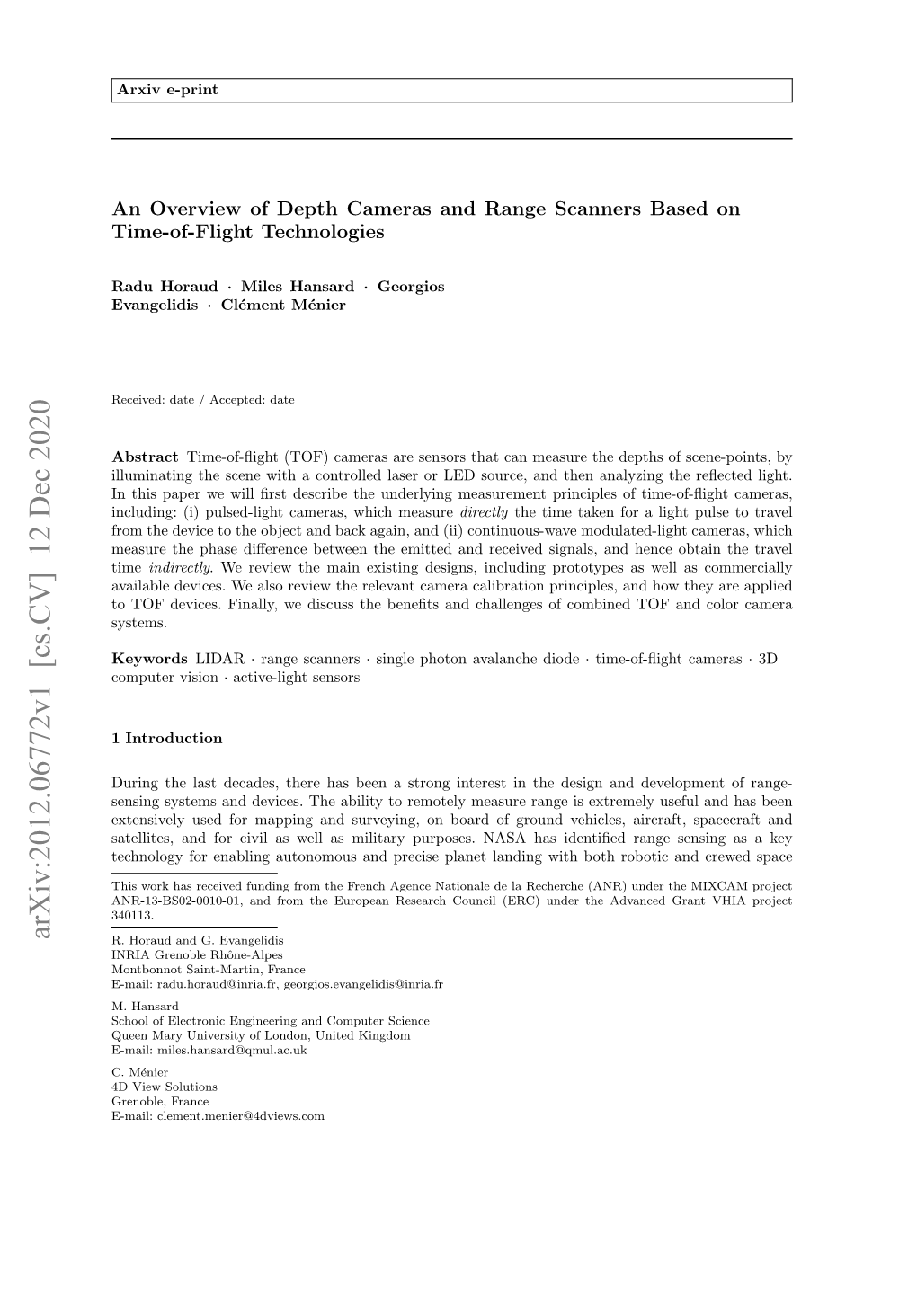 An Overview of Depth Cameras and Range Scanners Based on Time-Of-Flight Technologies