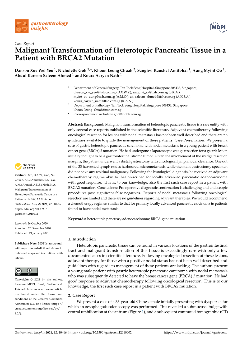 Malignant Transformation of Heterotopic Pancreatic Tissue in a Patient with BRCA2 Mutation