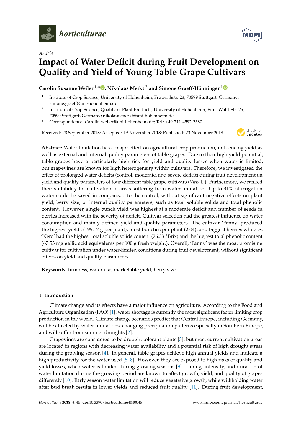 Impact of Water Deficit During Fruit Development on Quality and Yield of Young Table Grape Cultivars