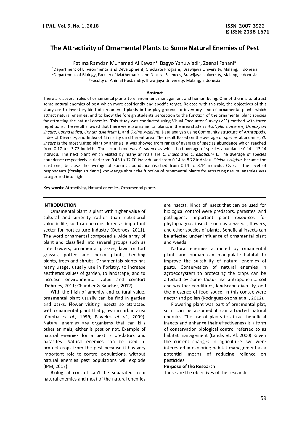 The Attractivity of Ornamental Plants to Some Natural Enemies of Pest