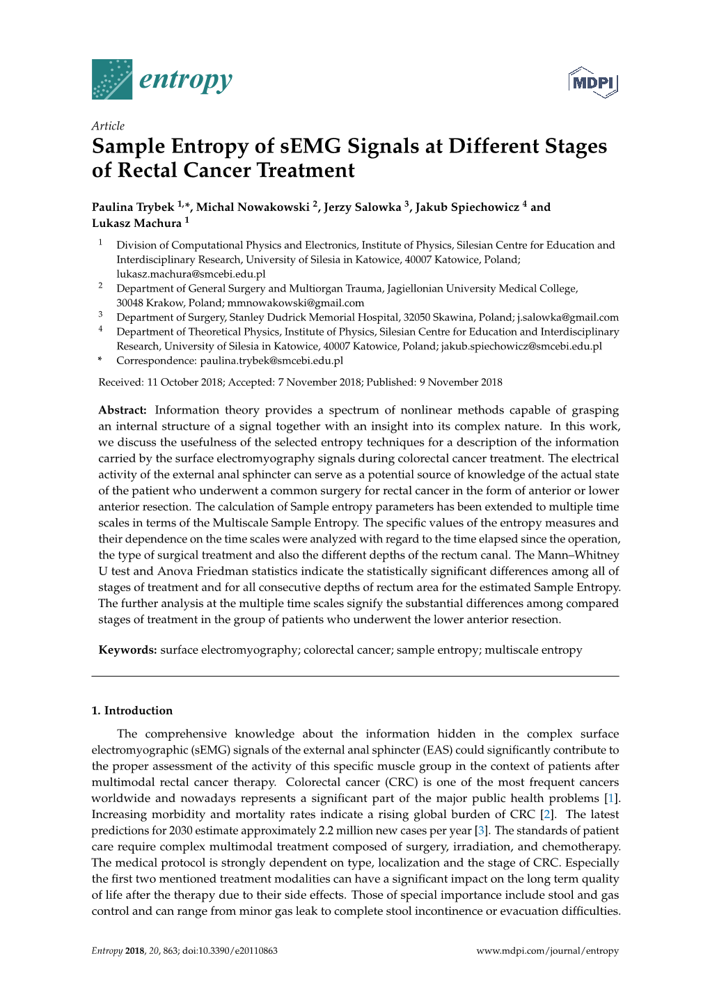 Sample Entropy of Semg Signals at Different Stages of Rectal Cancer Treatment