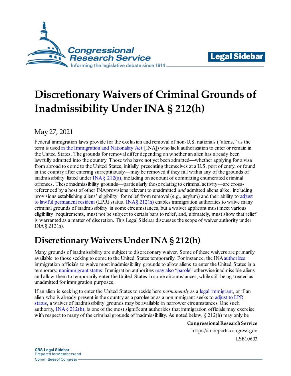 Discretionary Waivers of Criminal Grounds of Inadmissibility Under INA § 212(H)