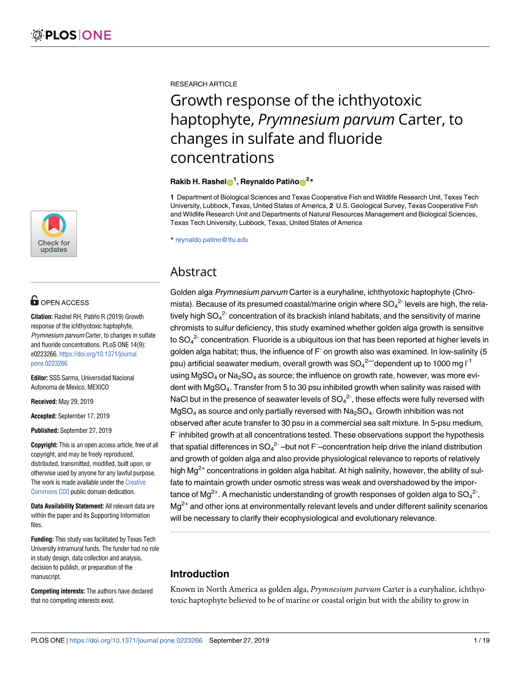 Growth Response of the Ichthyotoxic Haptophyte, Prymnesium Parvum Carter, to Changes in Sulfate and Fluoride Concentrations