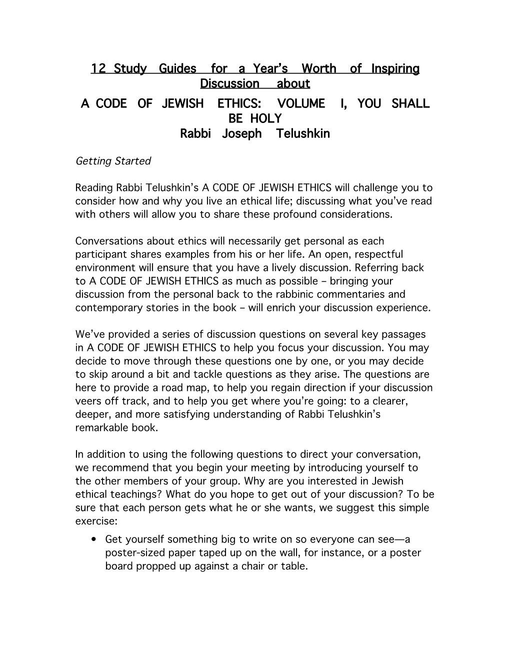Discussion Guide for Code of Jewish Ethics
