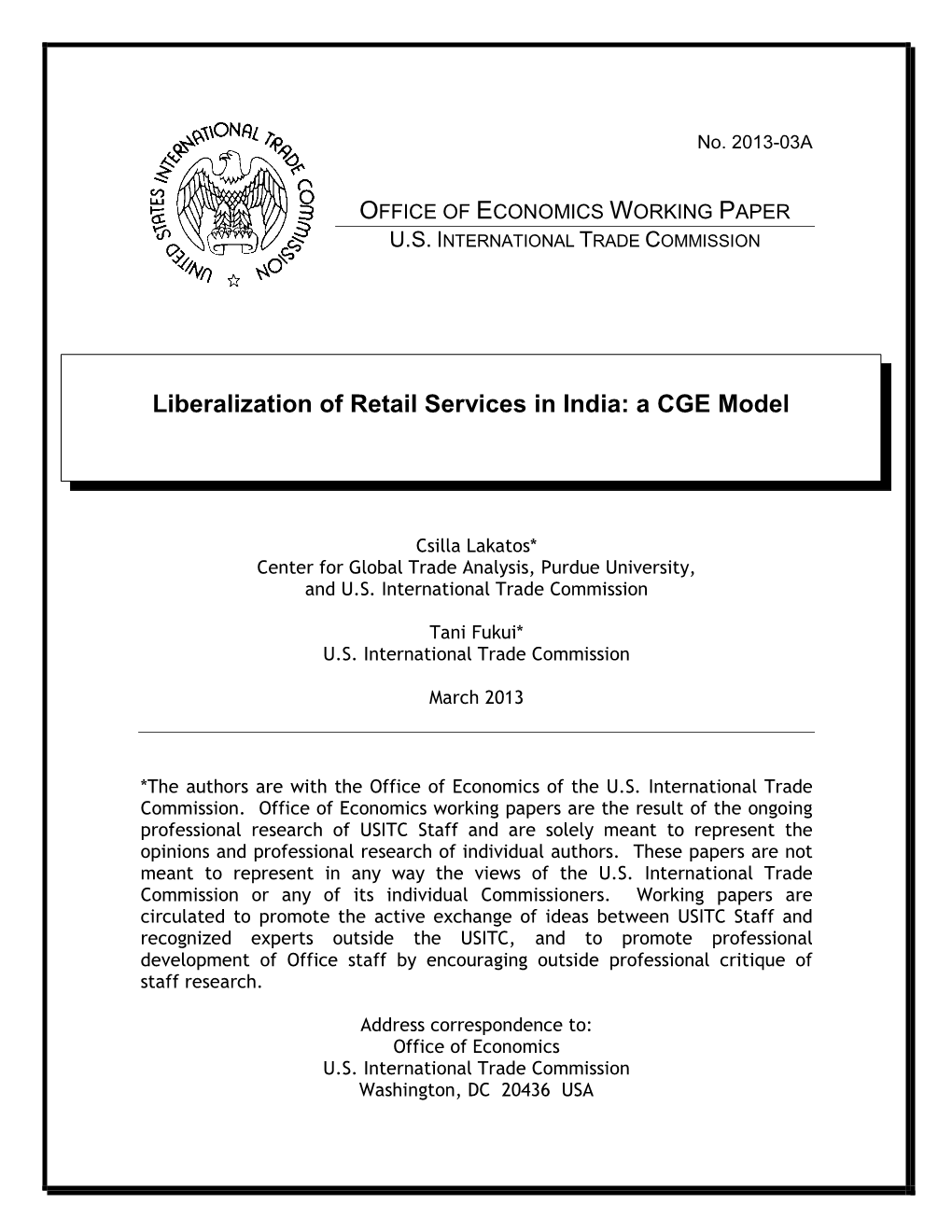 The Liberalization of Retail Services in India: a CGE Model