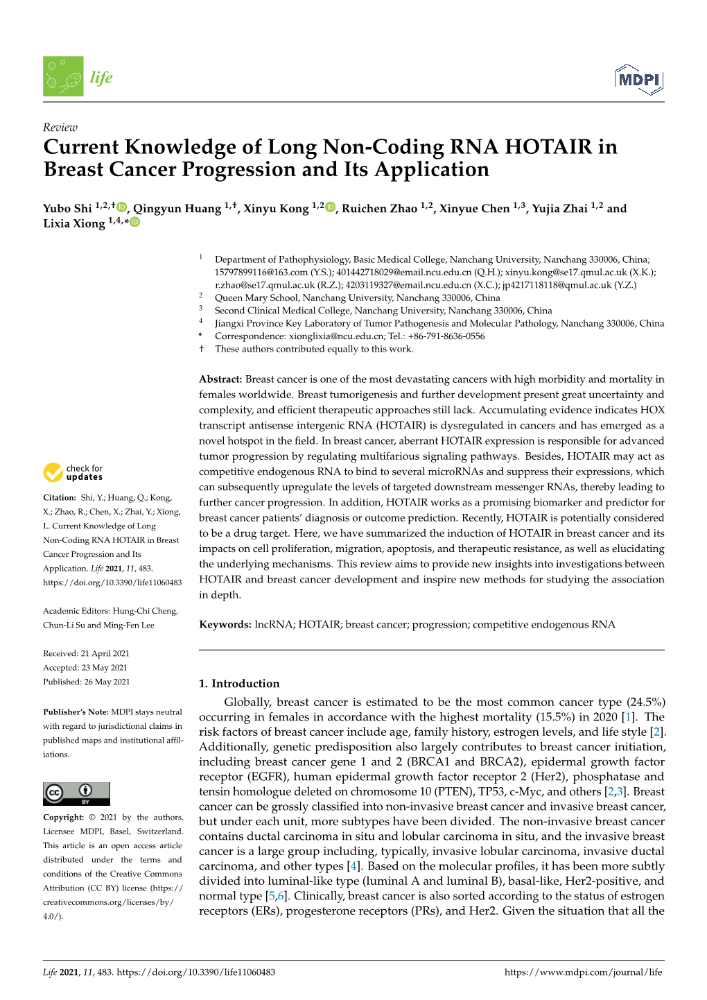 Current Knowledge of Long Non-Coding RNA HOTAIR in Breast Cancer Progression and Its Application
