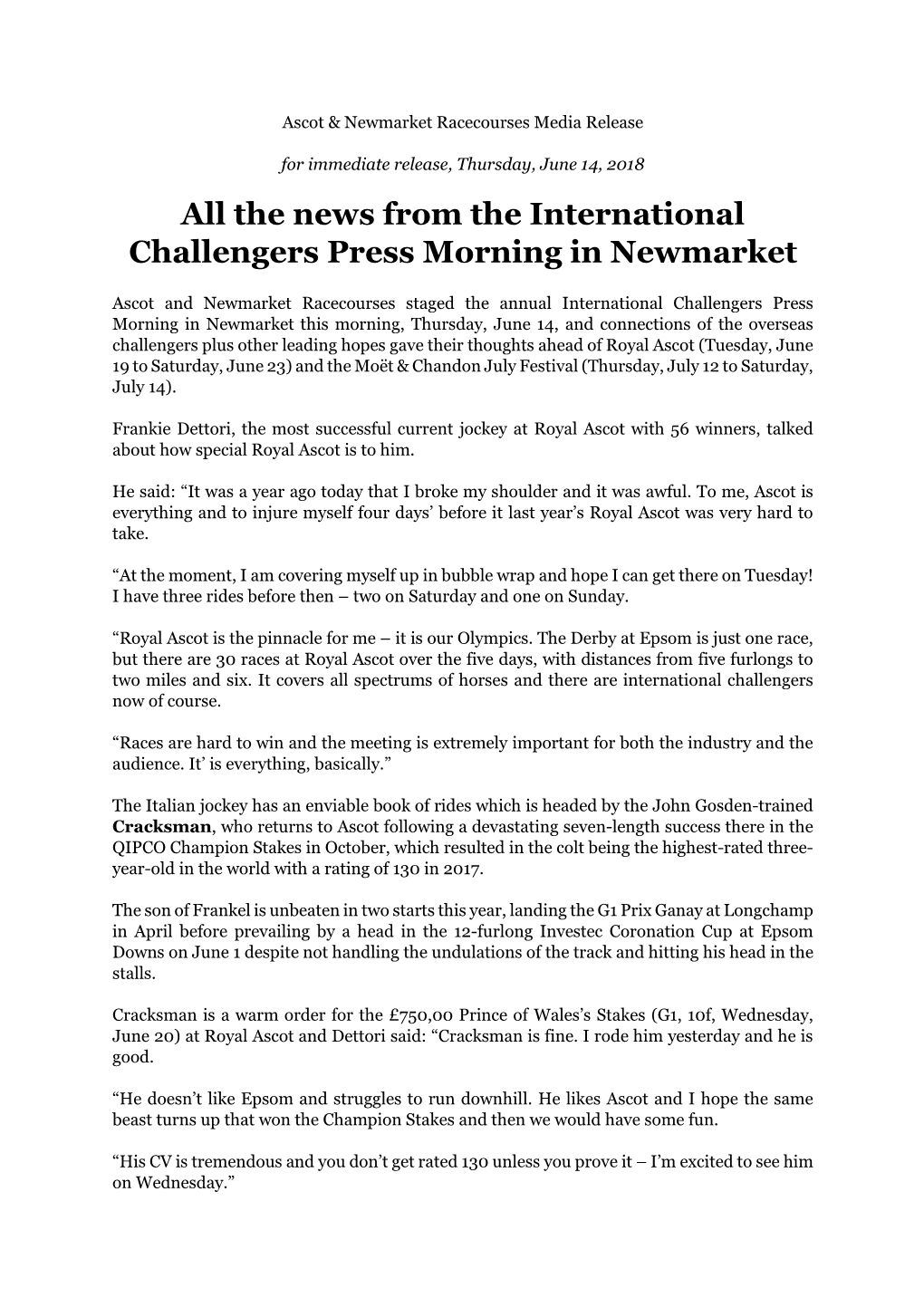 The News from the International Challengers Press Morning in Newmarket