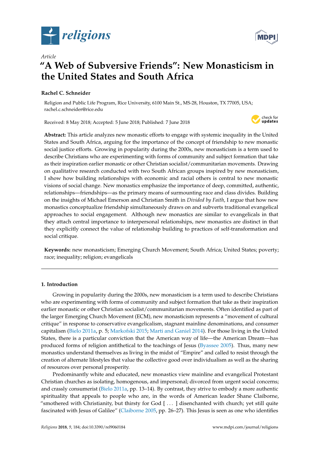 New Monasticism in the United States and South Africa