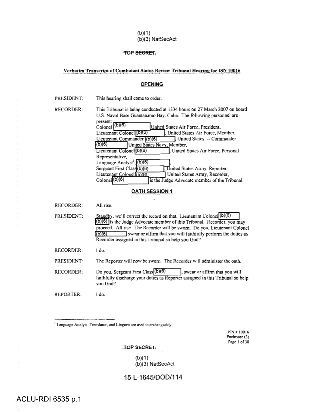 ACLU-RDI 6535 P.1 (B)( 1) (B)(3) Natsecact