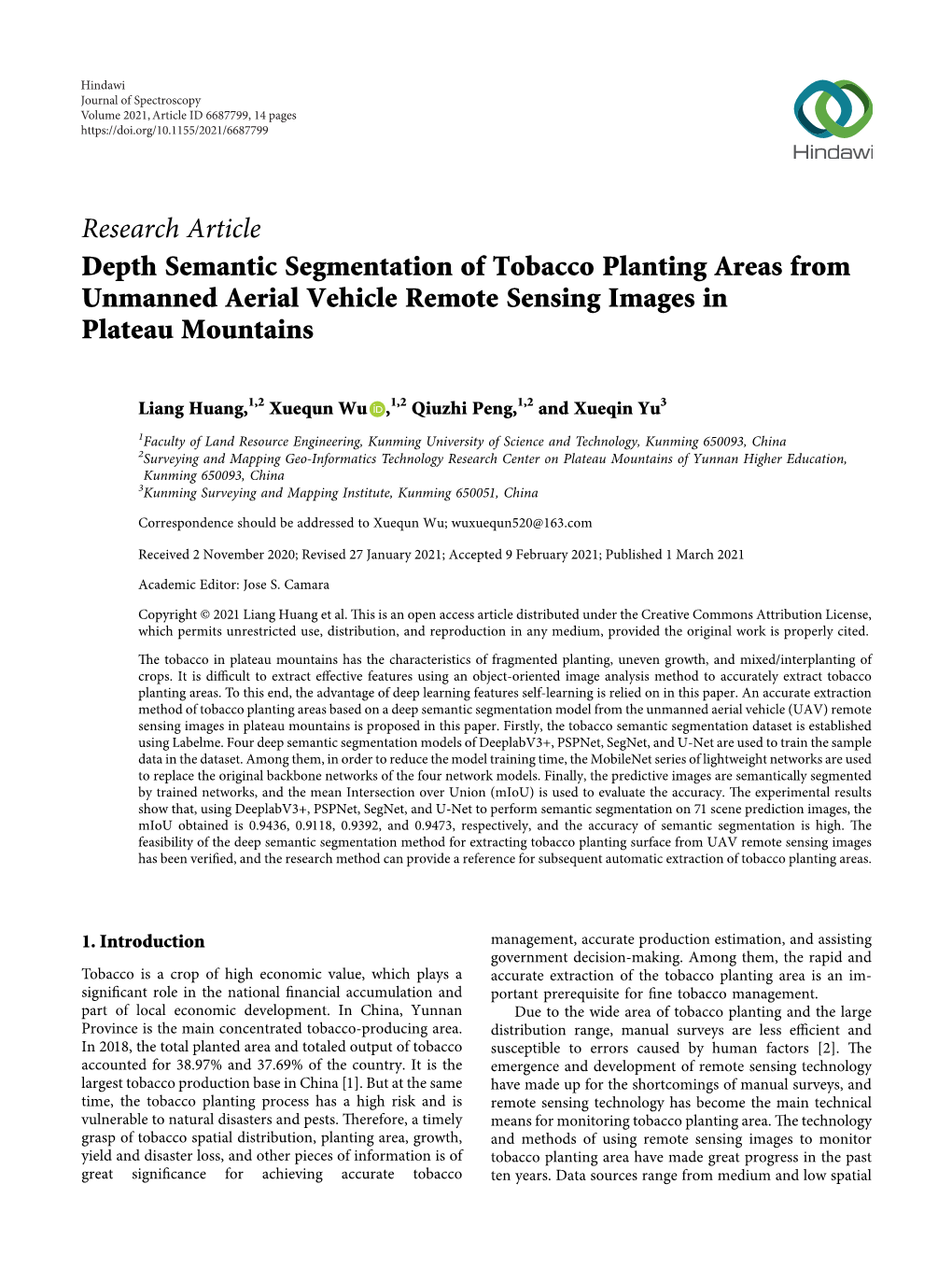 Depth Semantic Segmentation of Tobacco Planting Areas from Unmanned Aerial Vehicle Remote Sensing Images in Plateau Mountains