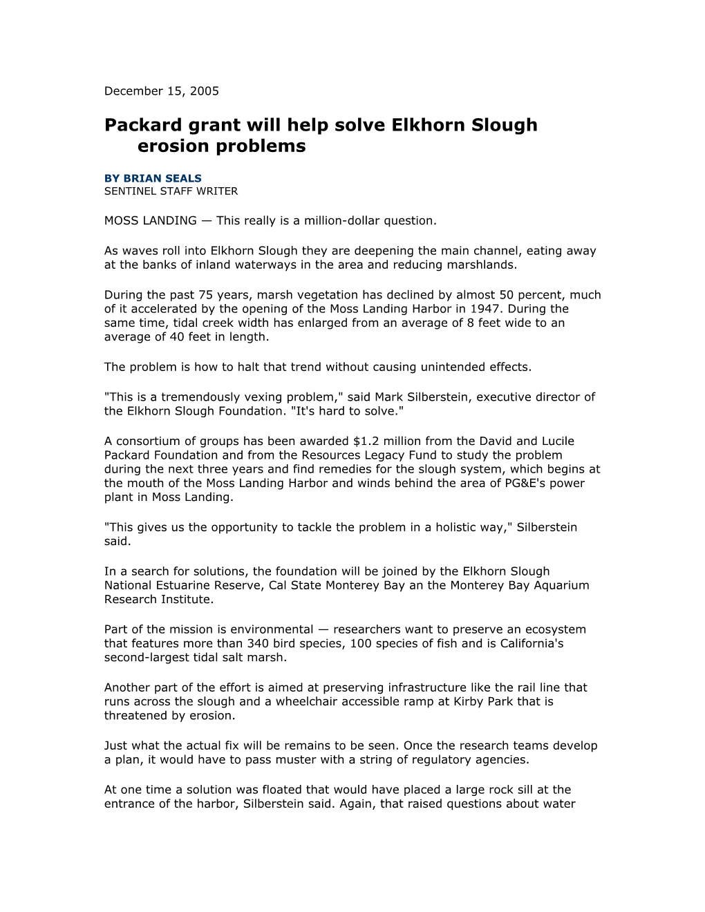 Packard Grant Will Help Solve Elkhorn Slough Erosion Problems
