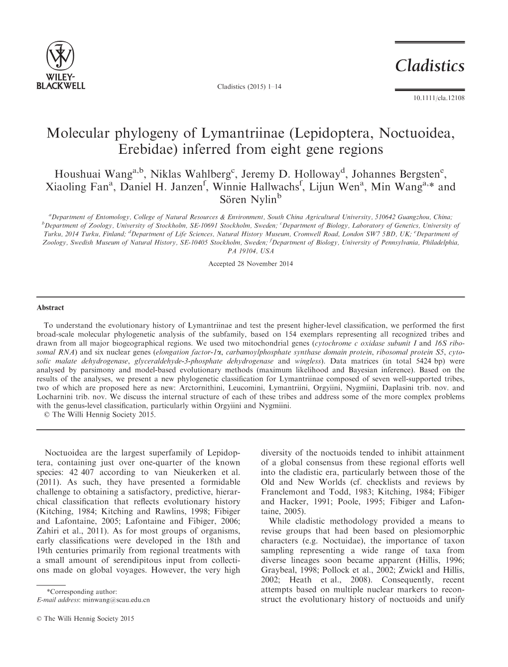 Molecular Phylogeny of Lymantriinae (Lepidoptera, Noctuoidea, Erebidae) Inferred from Eight Gene Regions