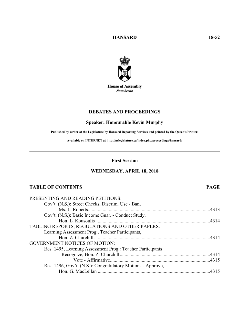 HANSARD 18-52 DEBATES and PROCEEDINGS Speaker