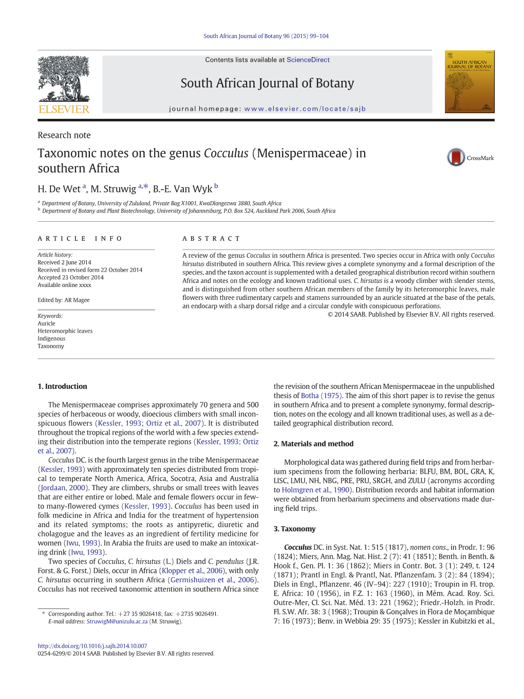 Taxonomic Notes on the Genus Cocculus (Menispermaceae) in Southern Africa