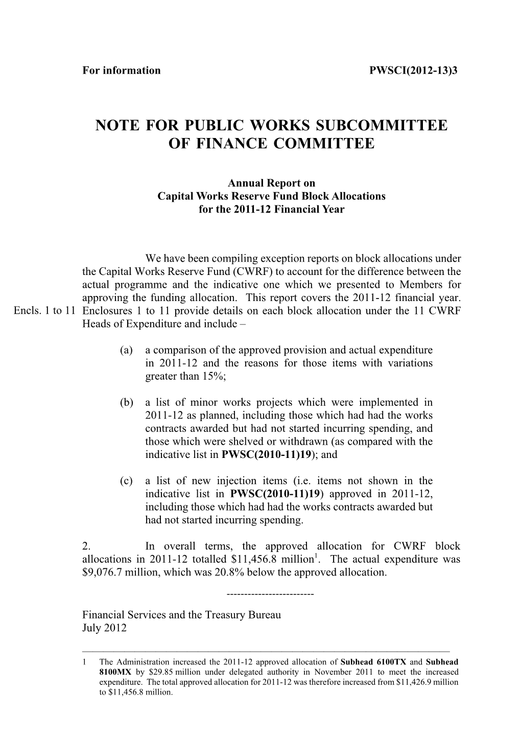 Note for Public Works Subcommittee of Finance Committee