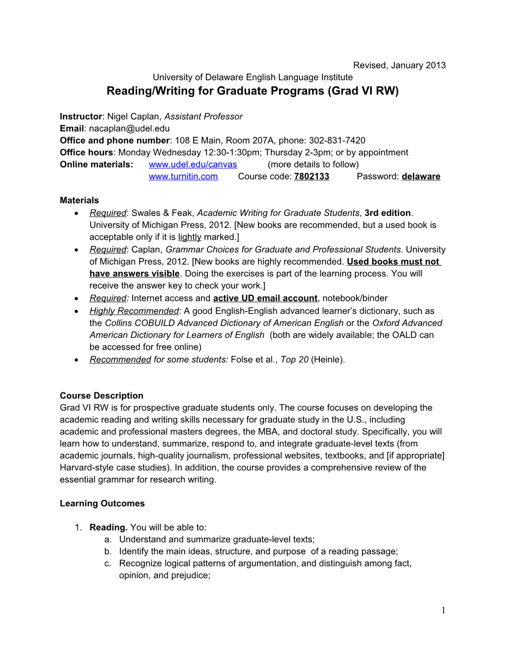 Reading/Writing for Graduate Programs (Grad VI RW)