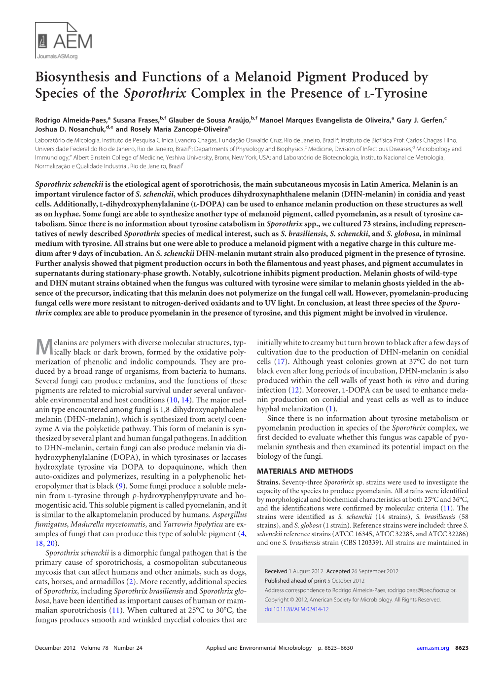 Biosynthesis and Functions of a Melanoid Pigment Produced by Species of the Sporothrix Complex in the Presence of L-Tyrosine