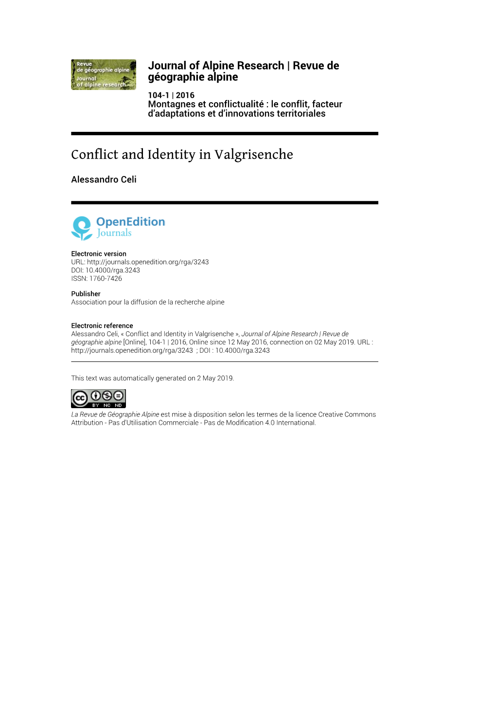 Revue De Géographie Alpine, 104-1 | 2016 Conflict and Identity in Valgrisenche 2