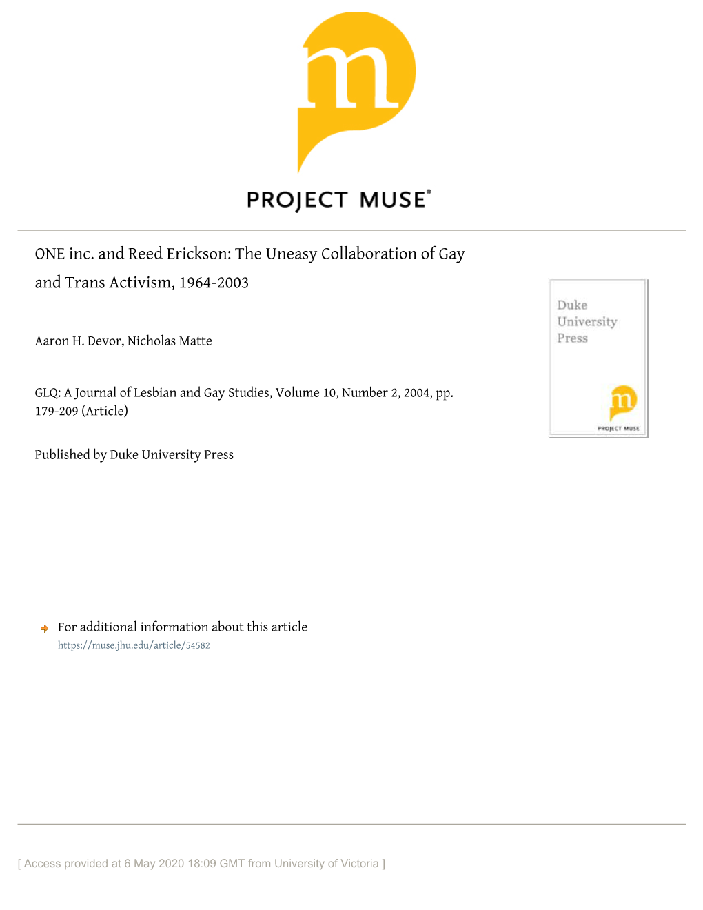 ONE Inc. and Reed Erickson: the Uneasy Collaboration of Gay and Trans Activism, 1964-2003