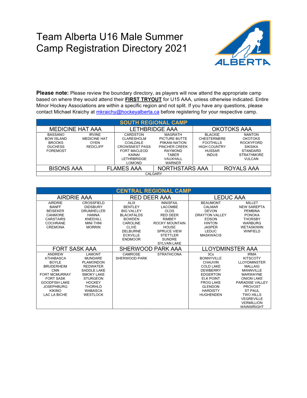 Team Alberta U16 Male Summer Camp Registration Directory 2021