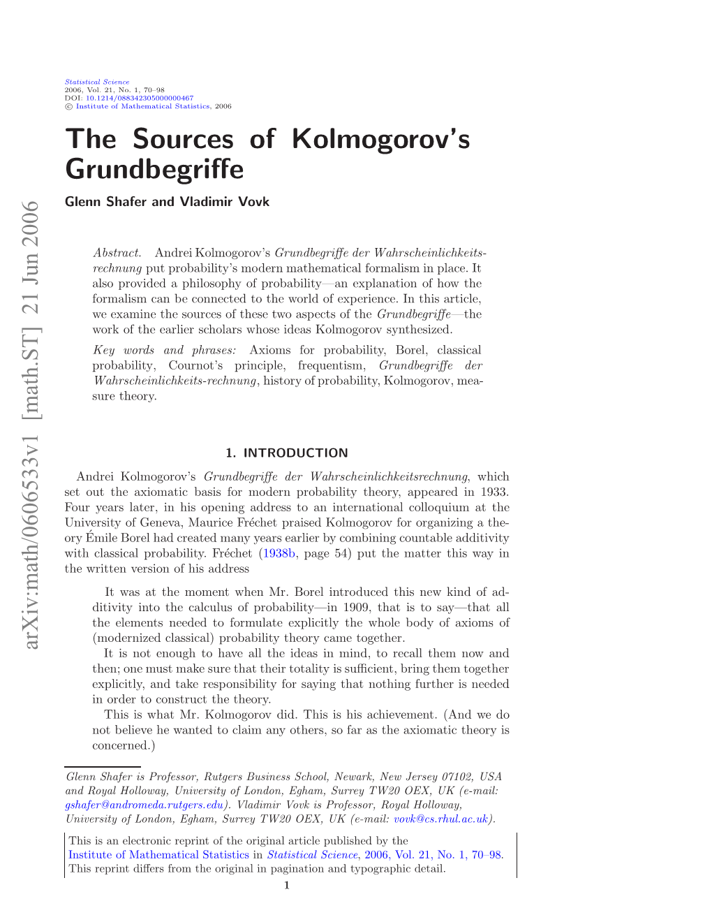 The Sources of Kolmogorov's Grundbegriffe