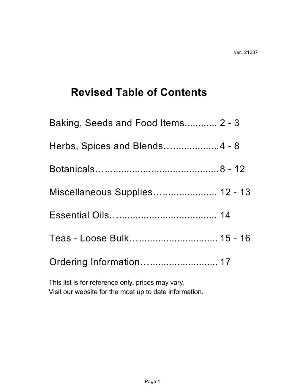 Revised Table of Contents