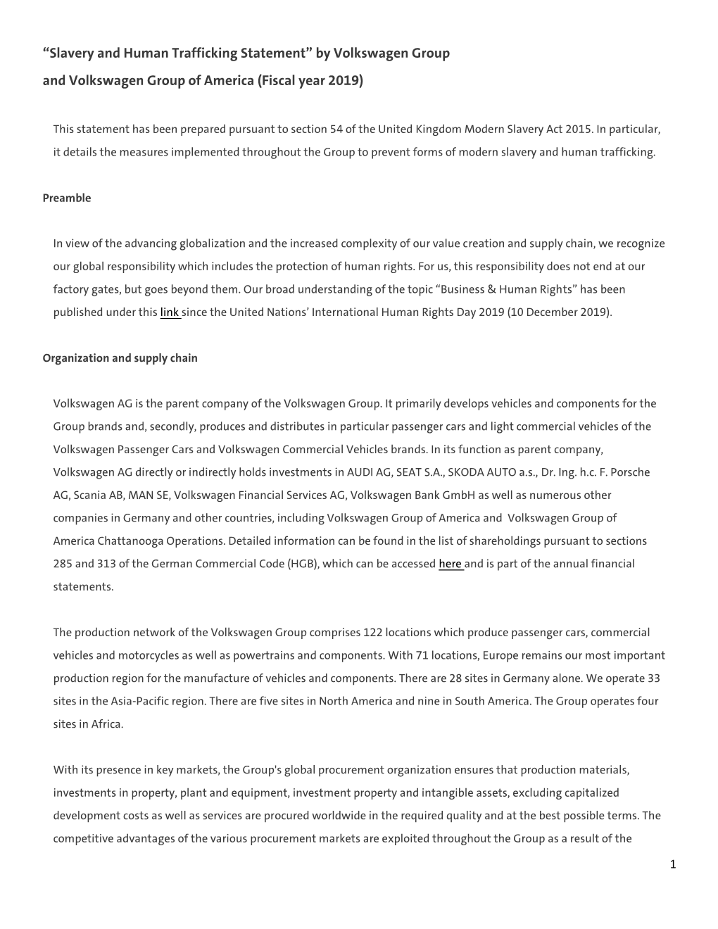 “Slavery and Human Trafficking Statement” by Volkswagen Group and Volkswagen Group of America (Fiscal Year 2019)