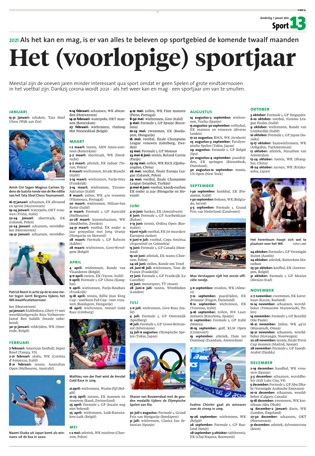 Kalender Van Het ( Voorlopige) Sportjaar 2021