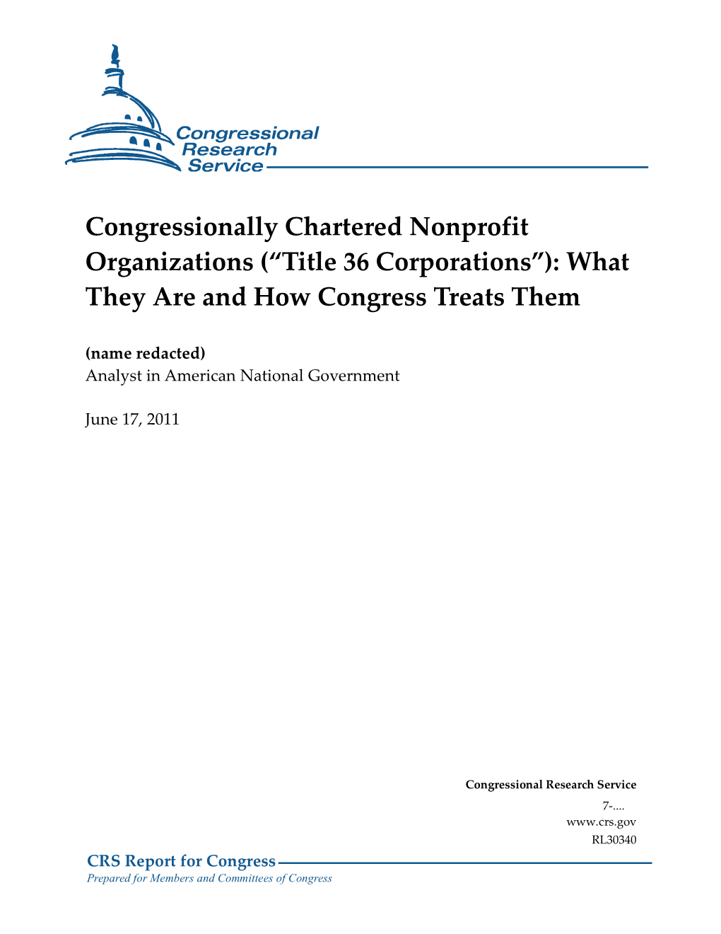 Congressionally Chartered Nonprofit Organizations (“Title 36 Corporations”): What They Are and How Congress Treats Them