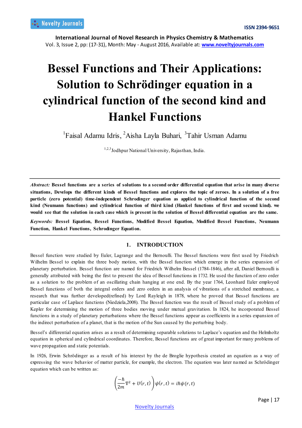 Bessel Functions and Their Applications: Solution to Schrödinger Equation in a Cylindrical Function of the Second Kind and Hankel Functions