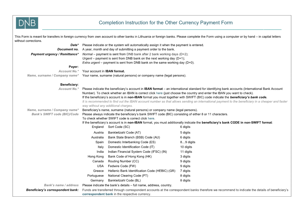 Completion Instruction for the Other Currency Payment Form ______