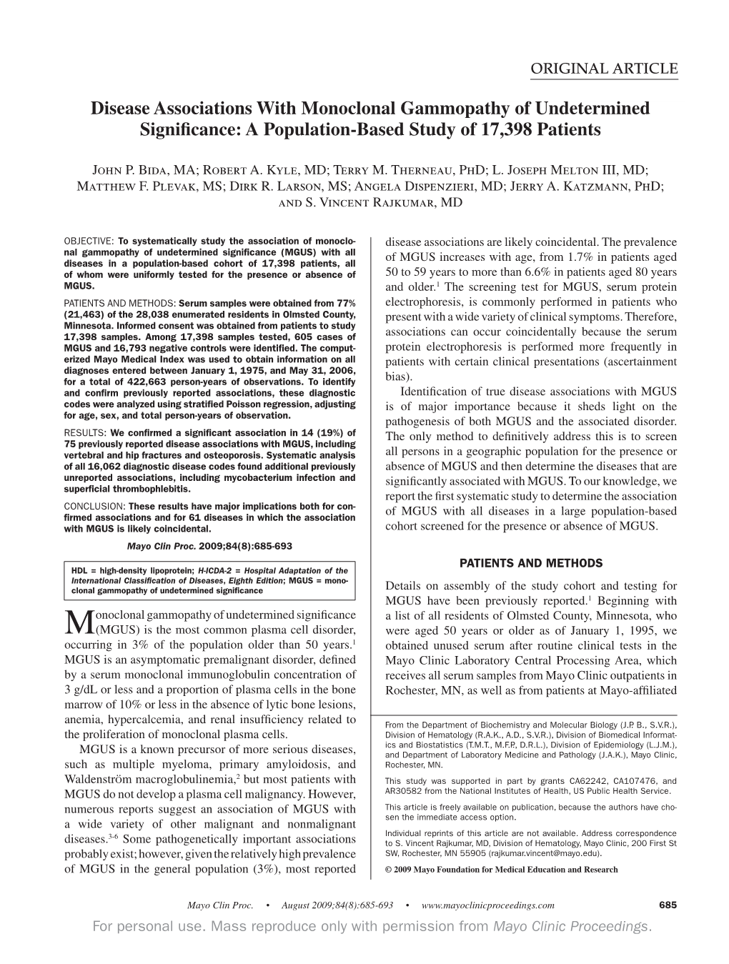 Disease Associations with Monoclonal Gammopathy of Undetermined Significance: a Population-Based Study of 17,398 Patients