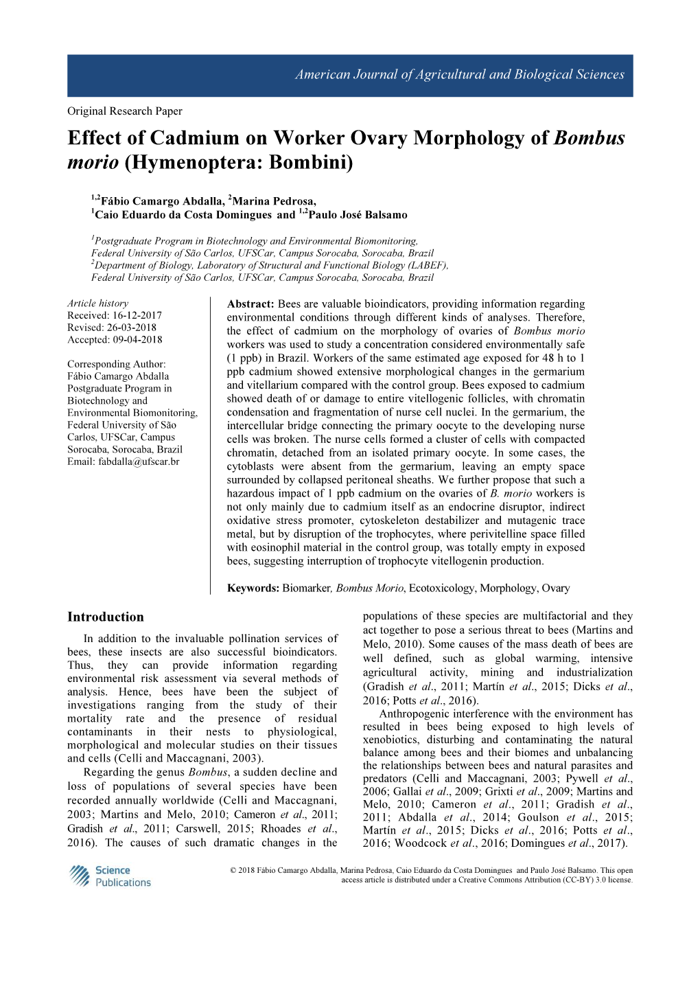 Effect of Cadmium on Worker Ovary Morphology of Bombus Morio (Hymenoptera: Bombini)