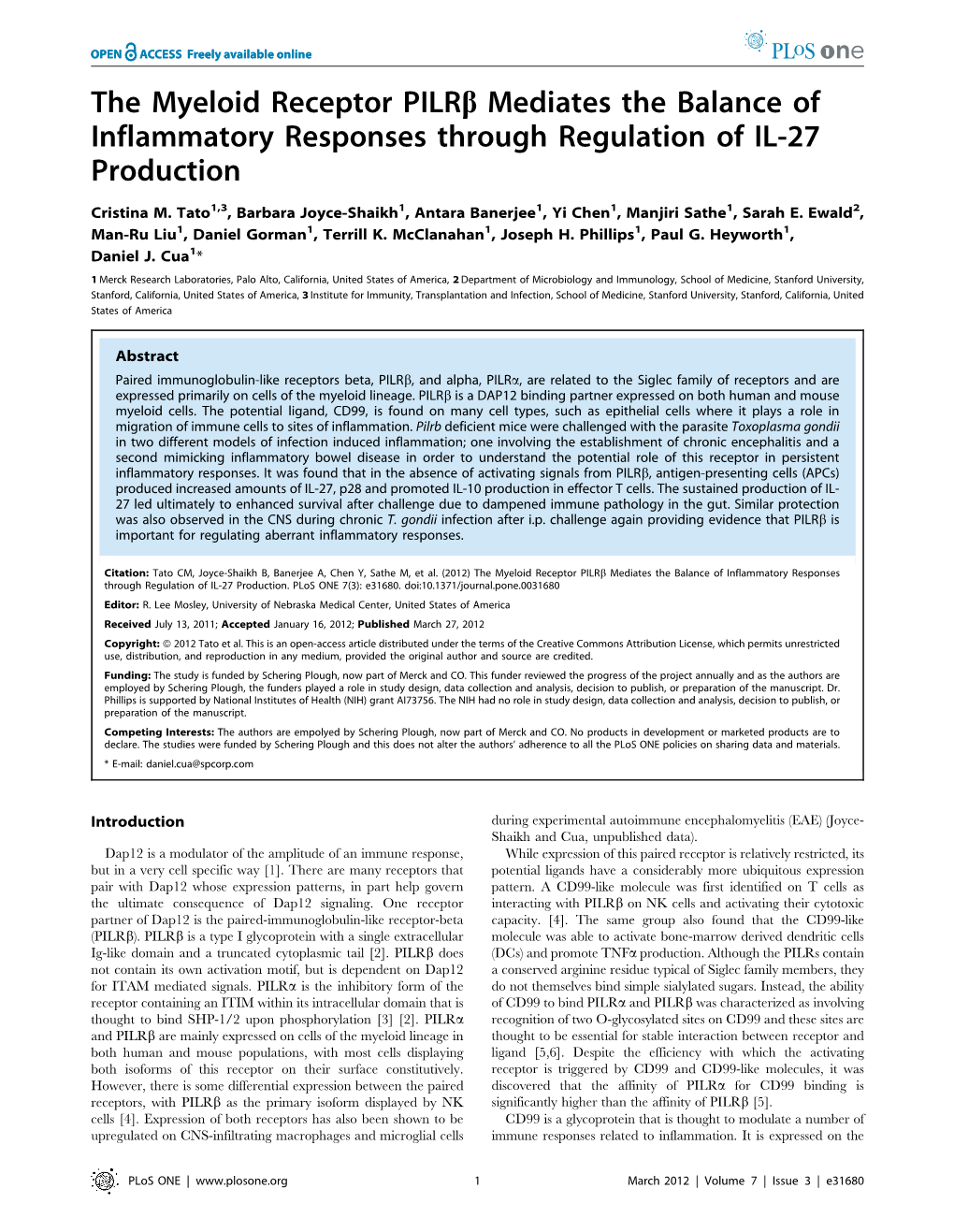 The Myeloid Receptor Pilrb Mediates the Balance of Inflammatory Responses Through Regulation of IL-27 Production