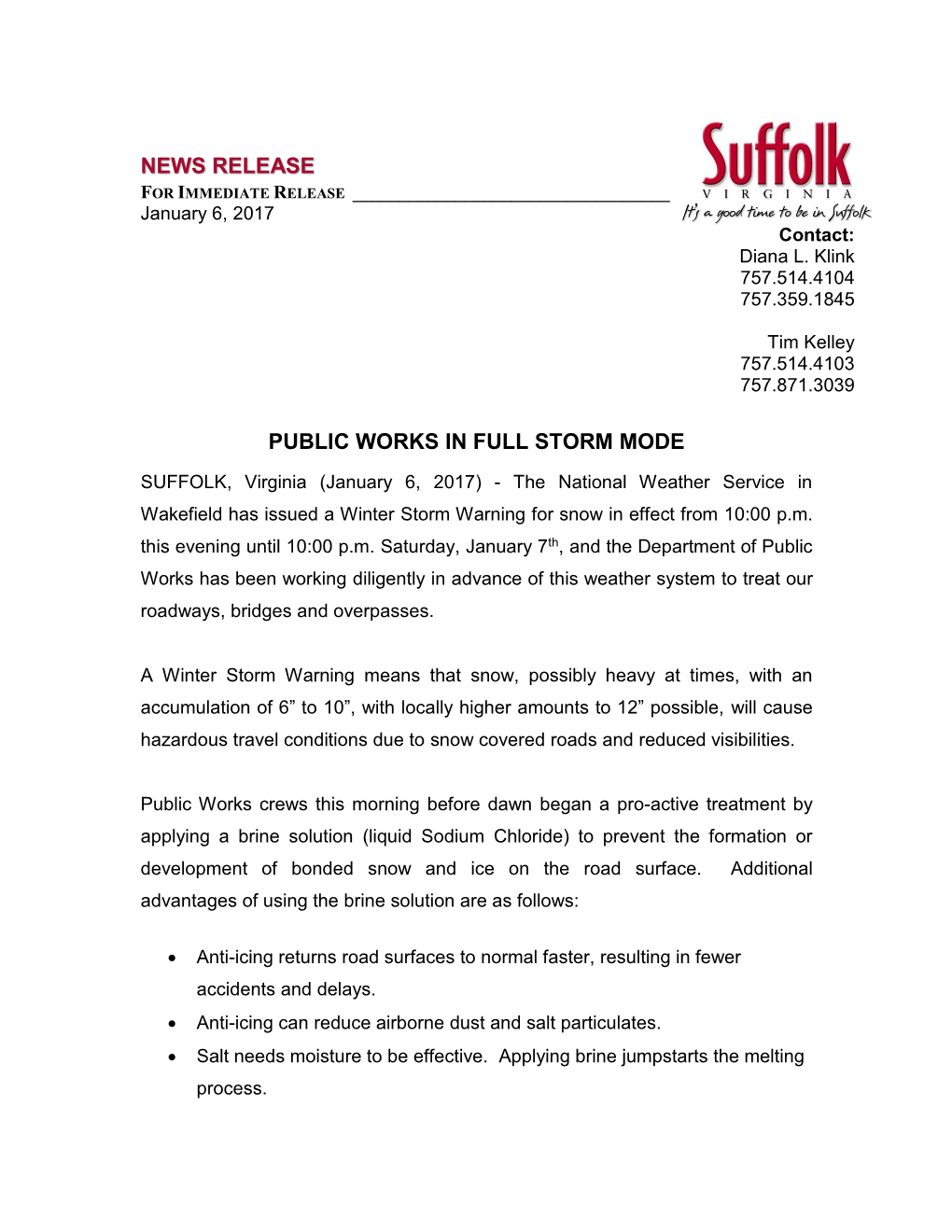 News Release Public Works in Full Storm