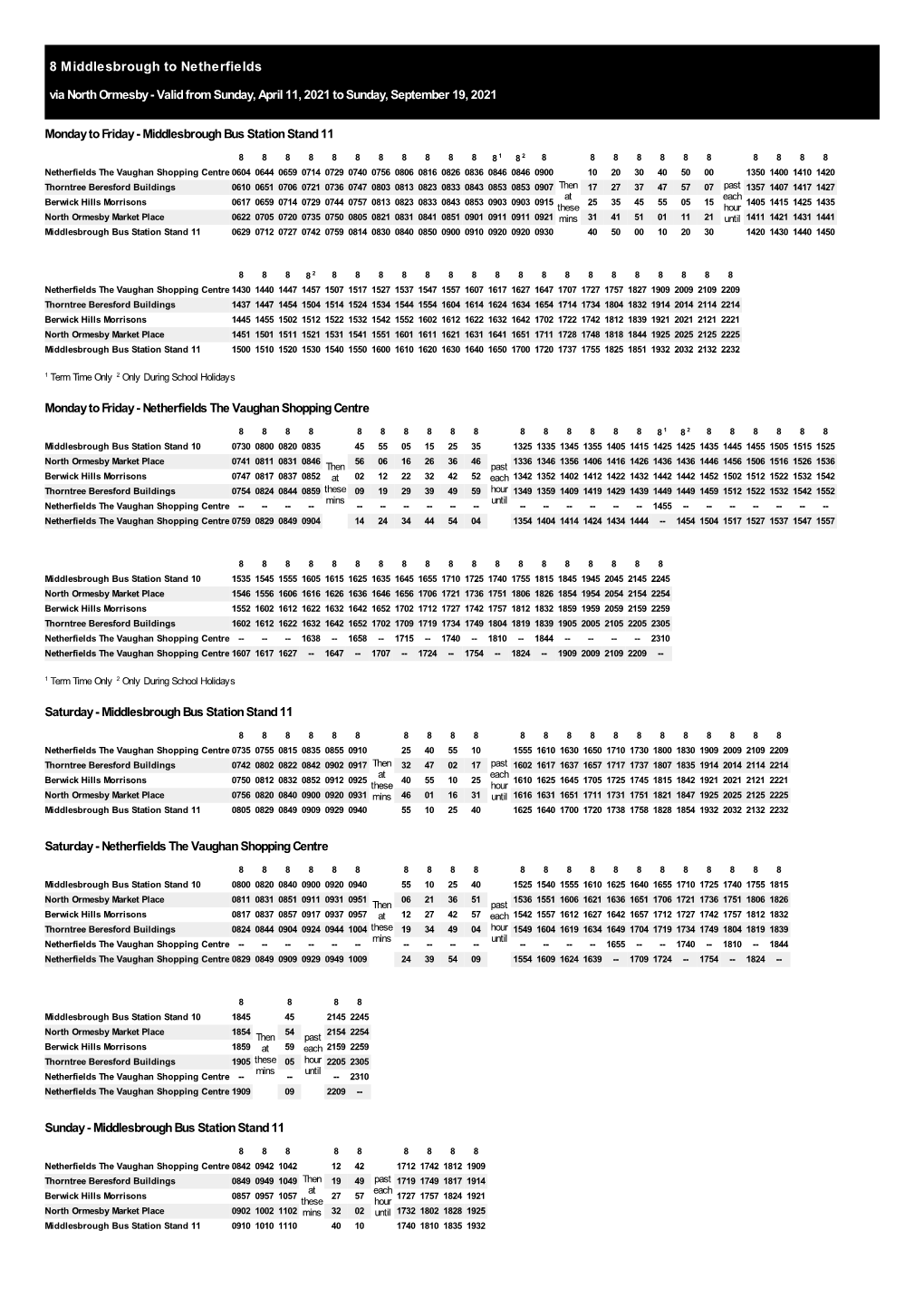 8 Middlesbrough to Netherfields Via North Ormesby - Valid from Sunday, April 11, 2021 to Sunday, September 19, 2021