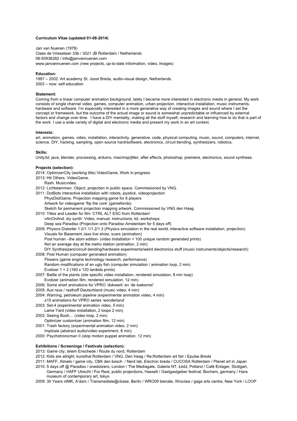 Curriculum Vitae (Updated 01-08-2014)