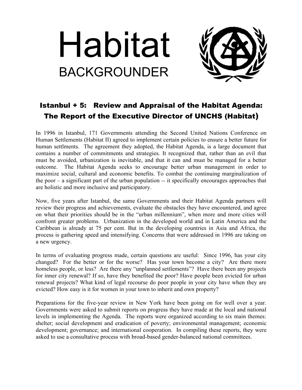 Istanbul + 5: Review and Appraisal of the Habitat Agenda