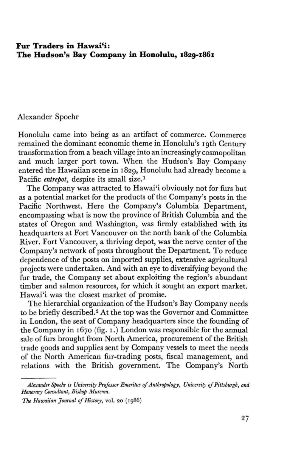 Fur Traders in Hawai'i: the Hudson's Bay Company in Honolulu, 1829-1861