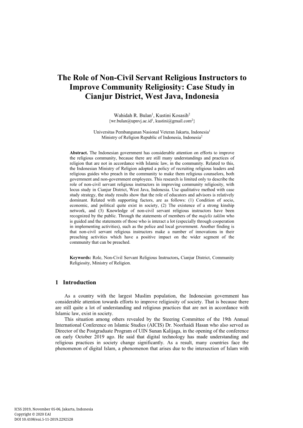 The Role of Non-Civil Servant Religious Instructors to Improve Community Religiosity: Case Study in Cianjur District, West Java, Indonesia