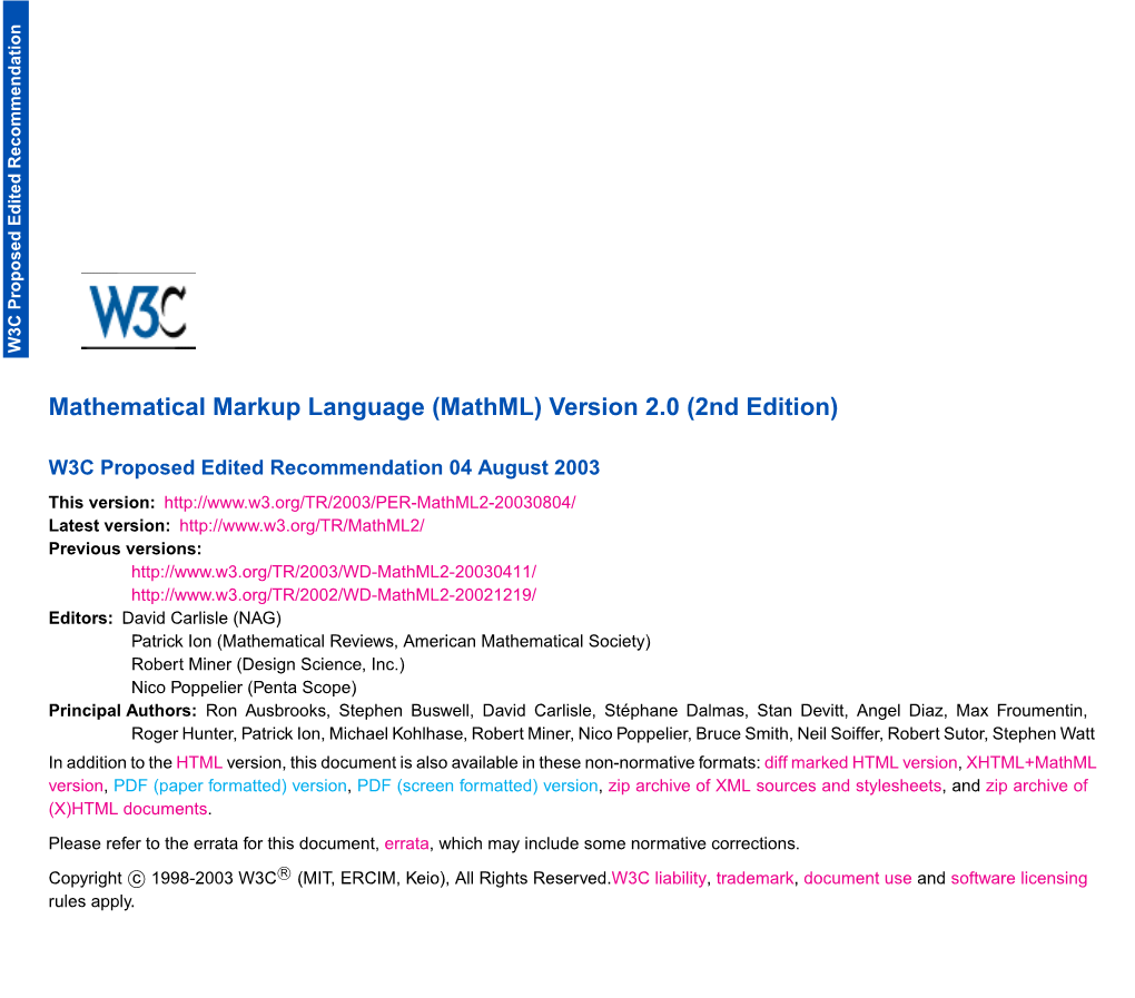 Mathml) Language Markup Mathematical Rvosversions: Previous Version: Latest , D Pprfratd Version Formatted) (Paper PDF Ai Alse(NAG) Carlisle David