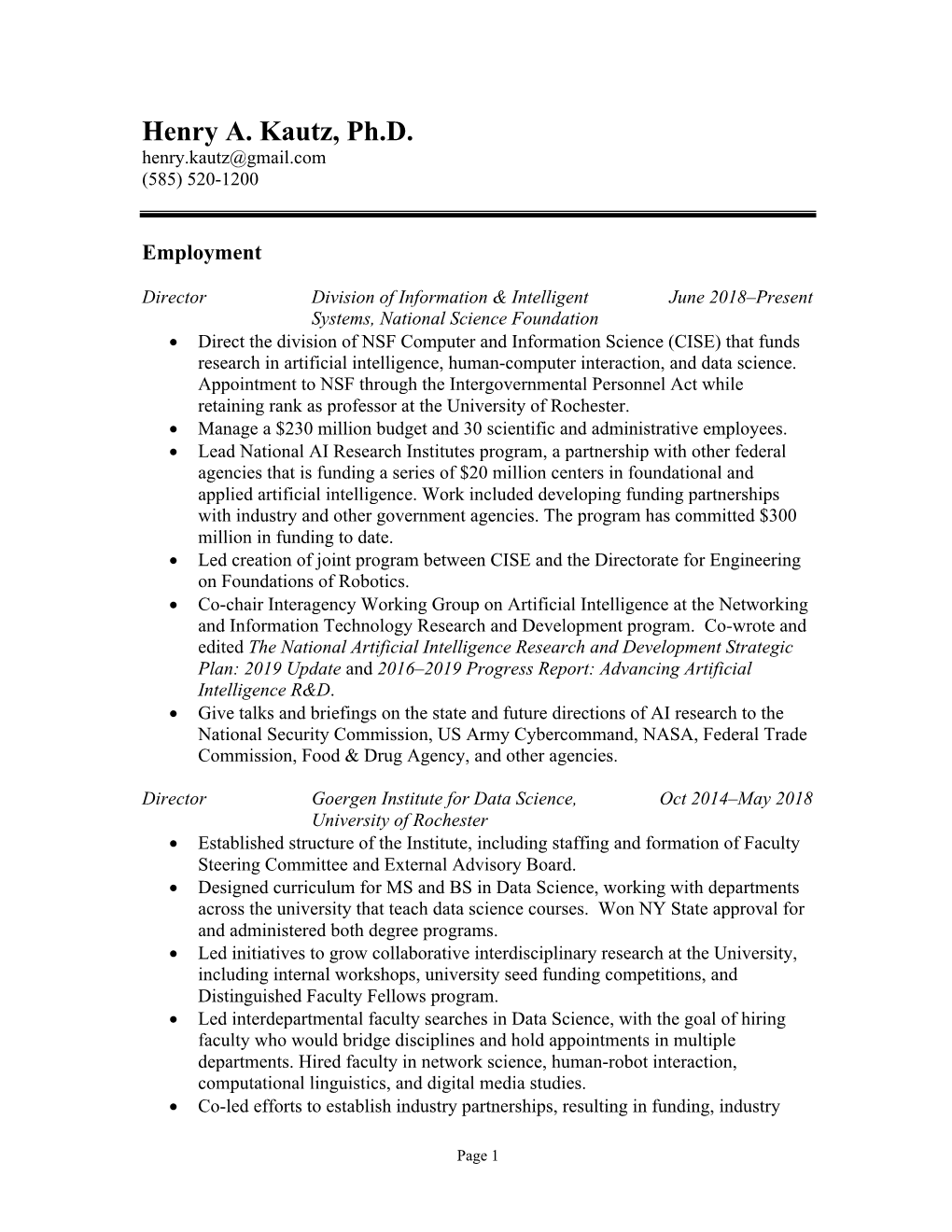 Henry A. Kautz, Ph.D. Henry.Kautz@Gmail.Com (585) 520-1200