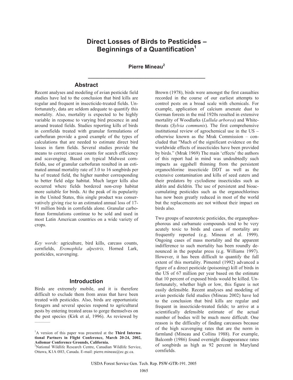 Direct Losses of Birds to Pesticides – Beginnings of a Quantification1