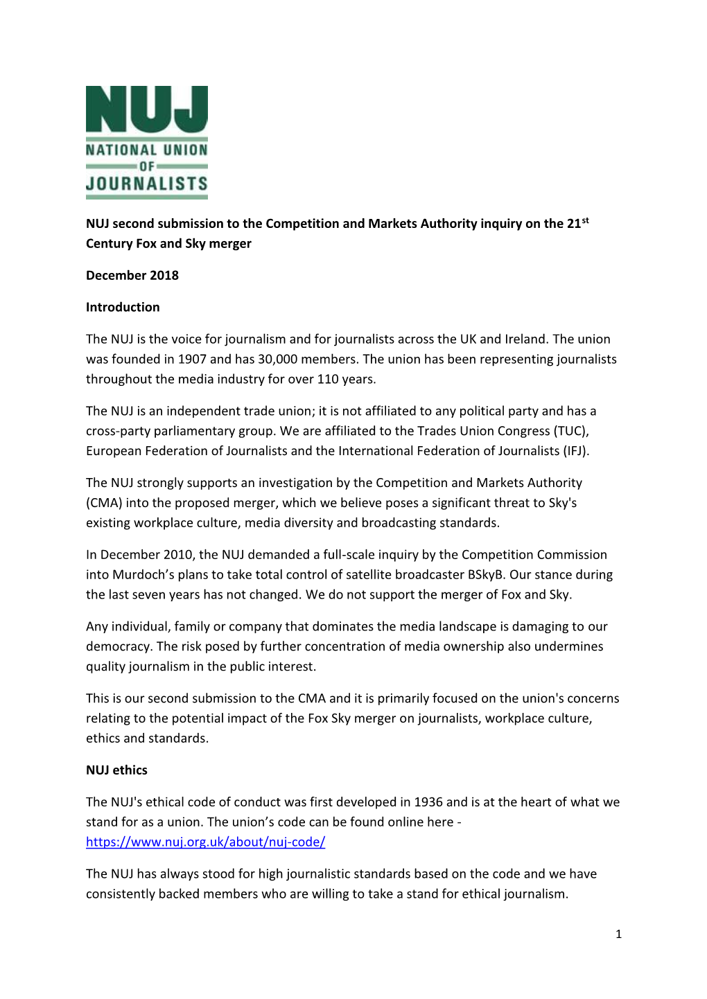 NUJ Second Submission to the Competition and Markets Authority Inquiry on the 21St Century Fox and Sky Merger