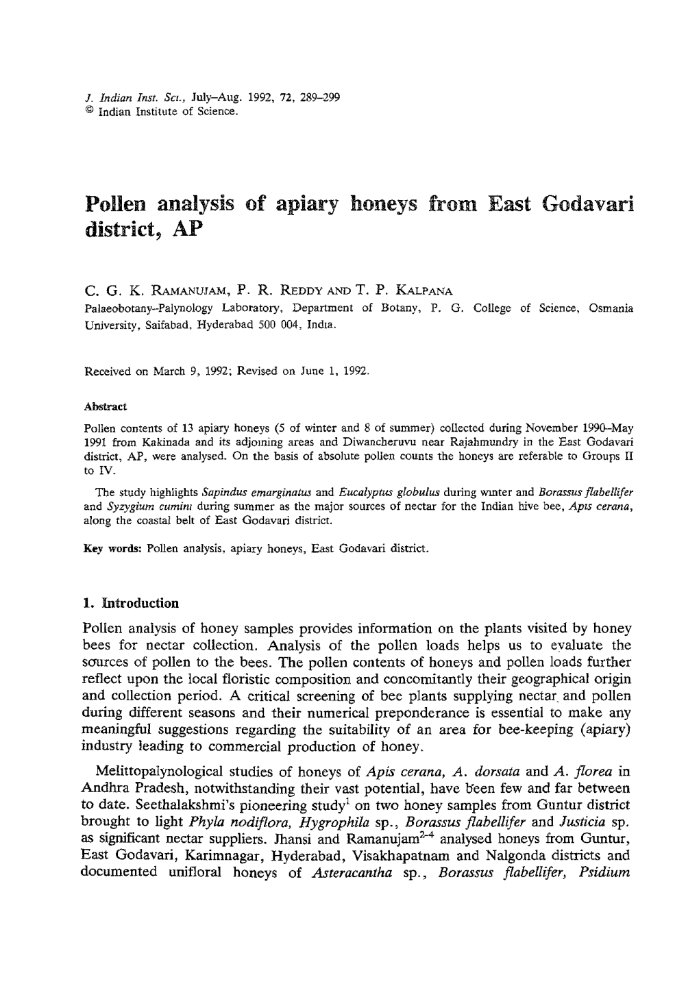 Pollen Analysis of a District, AP