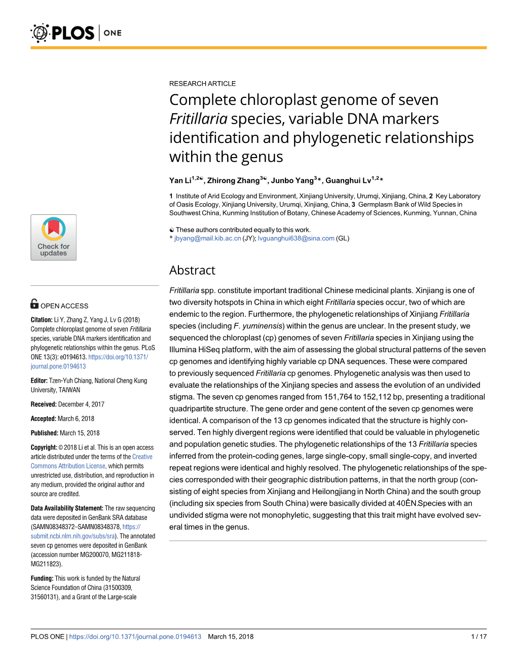 Complete Chloroplast Genome of Seven Fritillaria Species, Variable DNA Markers Identification and Phylogenetic Relationships Within the Genus