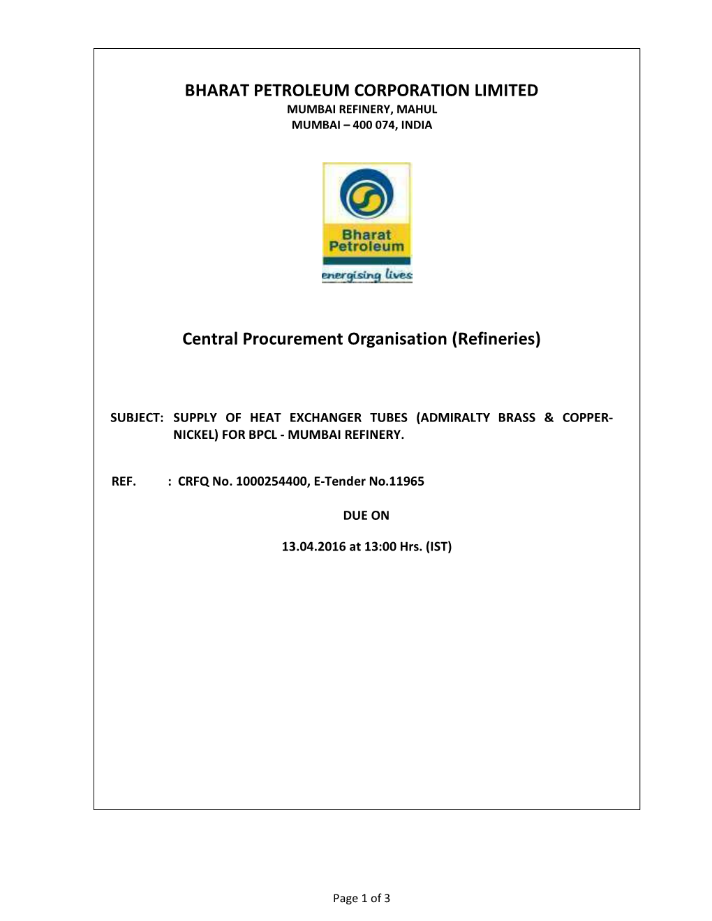Central Procurement Organisation (Refineries)