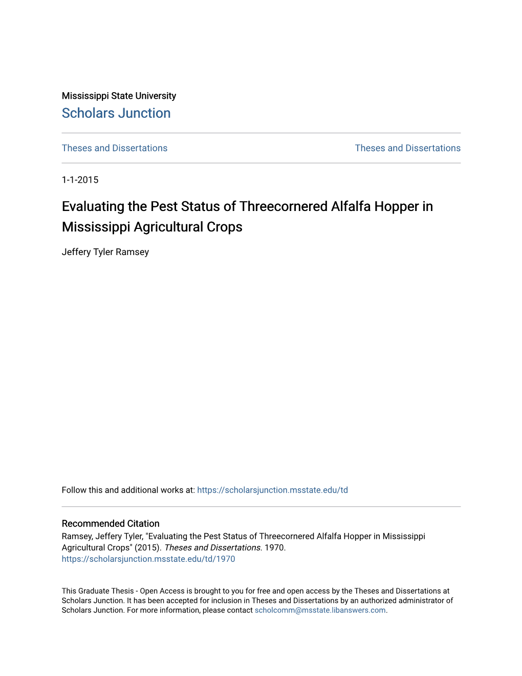 Evaluating the Pest Status of Threecornered Alfalfa Hopper in Mississippi Agricultural Crops